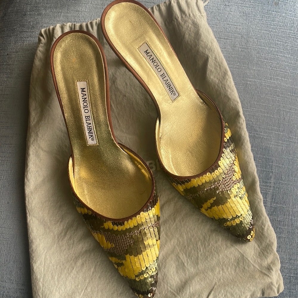 Sequin camouflage Manolo Blahnik mules 37.5